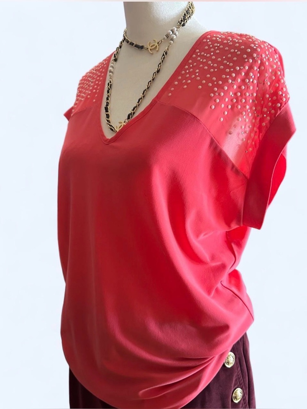 Women's Red V-Neck Studded Shoulder Top